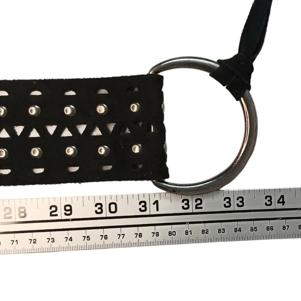 SOLD - Black Leather Belt Cutouts Silver Studs Large Silver Rings Tassles Italy - Picture 8 of 10